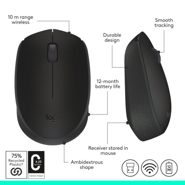 Logitech M170 2. 4GHz Wireless 3-Button Optical Scroll Mouse w/Nano USB Receiver (Black) - Image 4